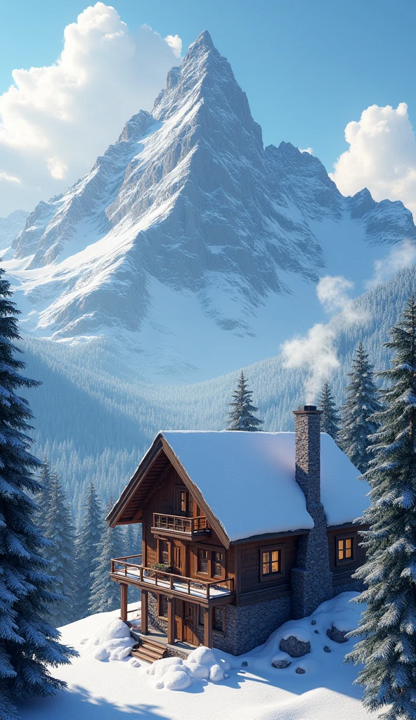 "A rustic chalet perched on the side of a snow-capped mountain, surrounded by towering pine trees. The atmosphere is invigorating and wild, with crisp mountain air and breathtaking views that stretch as far as the eye can see."