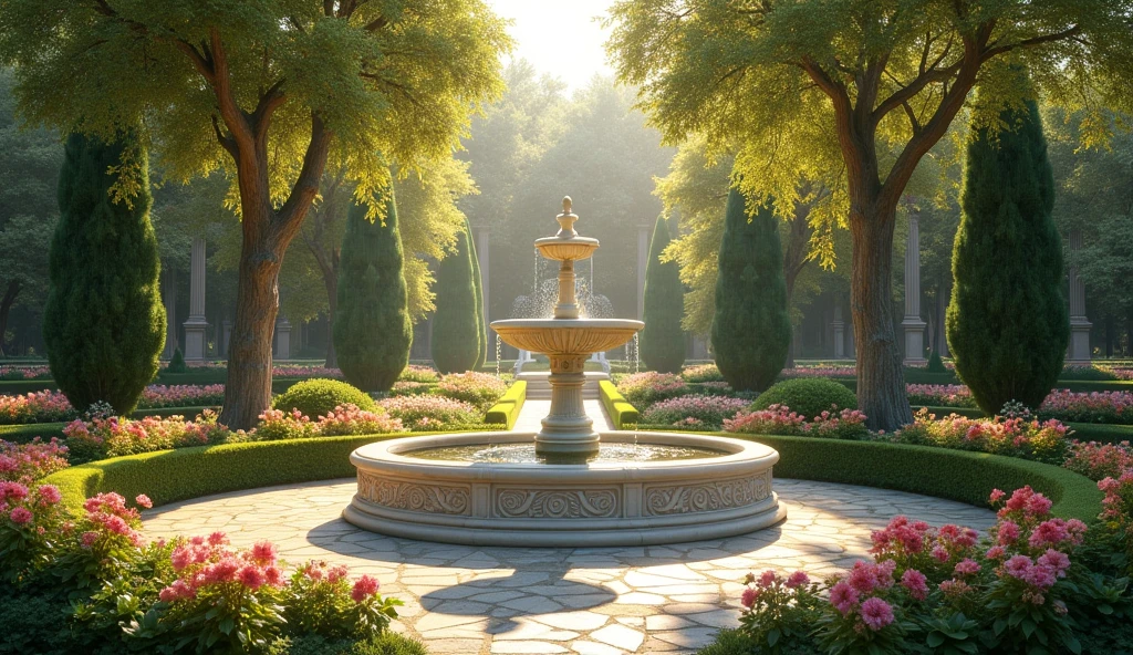 create the realistic HRD image, UHD 8k of a garden with flowers, a Greek style marble fountain in the center, leafy trees, golden lighting, calm atmosphere reflecting calm