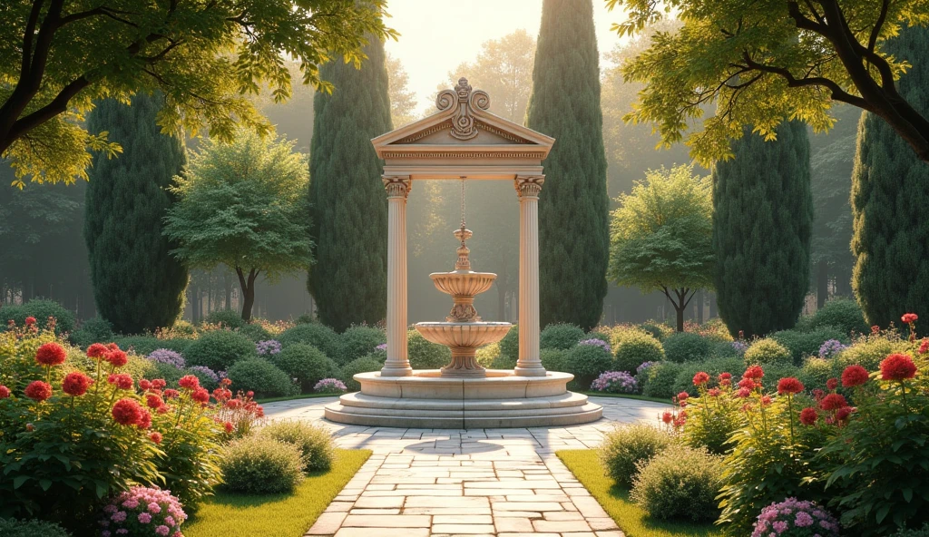 create the realistic HRD image, UHD 8k of a garden with flowers, a Greek style marble fountain in the center, leafy trees, golden lighting, calm atmosphere reflecting calm