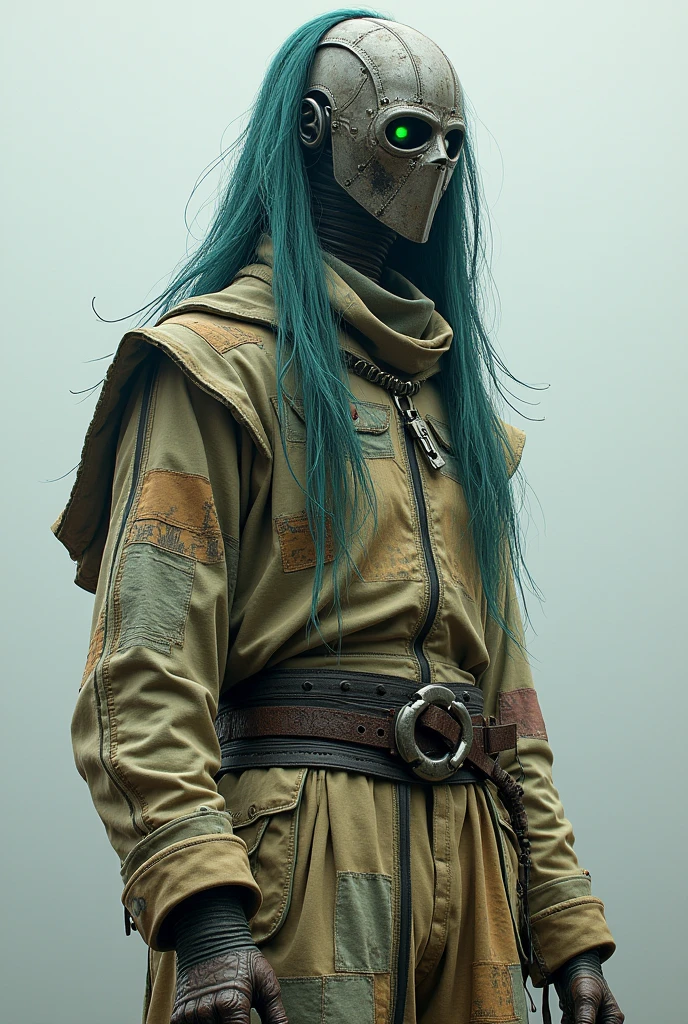 You can make a tall man out of worn out clothes, with green eyes, hair a combination of blue and green, also with a metal mask, This person has. Human appearance