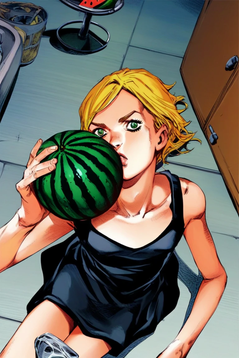 score_9, score_8_above, score_7_above, classification_rest assured 1 girl, :t, looking at the viewer, by the wide, blond hair, green eyes, black dress, casual dress, flat chest, Session, on the floor, eating, Watermelon, desde above, kitchen j0j0styl3