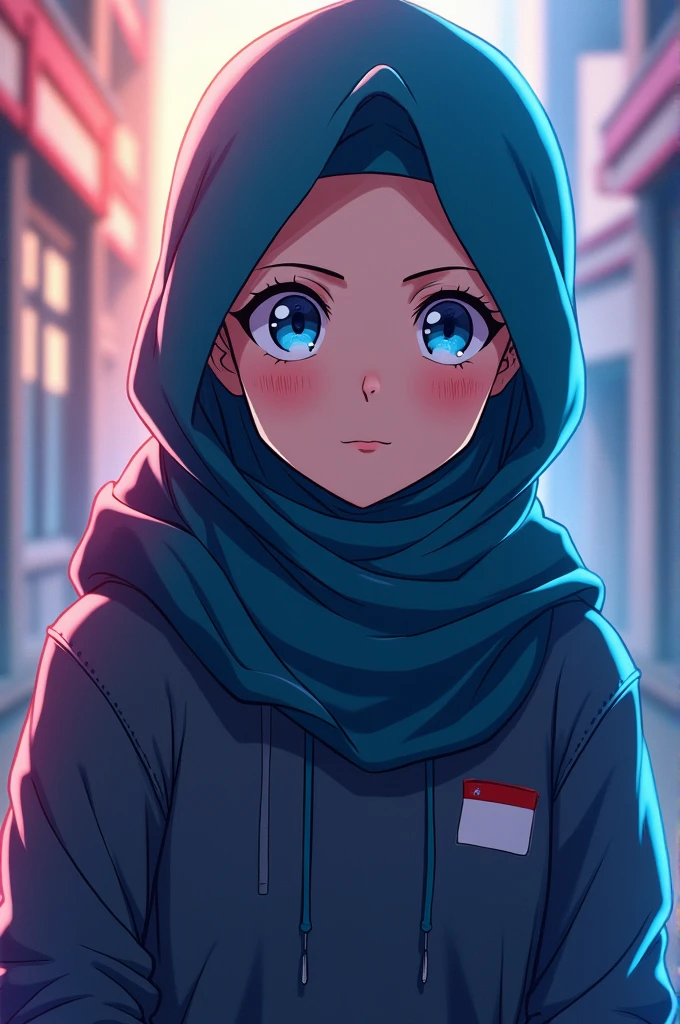 From My Hero Academia, anime, a muslim lady, wear hijab, blue eyes, wear hoodies 