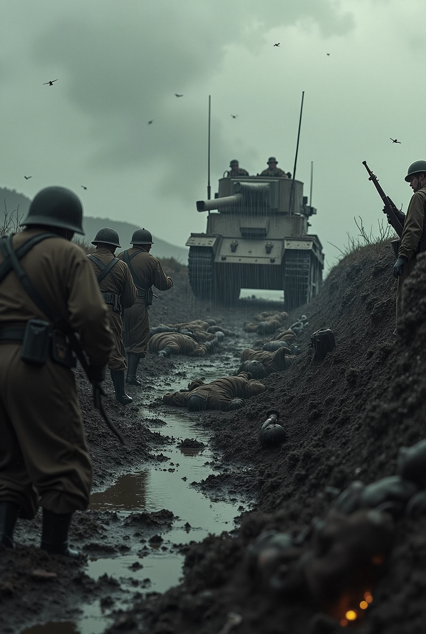 In war torn no man lands place, there is a raid war going on between french and germans from ww1. The weather is rainny mud is muddy moldy, some solider are dead into the mud, Germans are raiding french trenches, there are fire back from french trenches clearly high lighted machine gun muzzel flashes and tracer rounds hitting German soilders. Some soilders are in close combat. There is mark 1 tank of french from ( All quite on westron front( Movie), KILLING soilder mercilessly