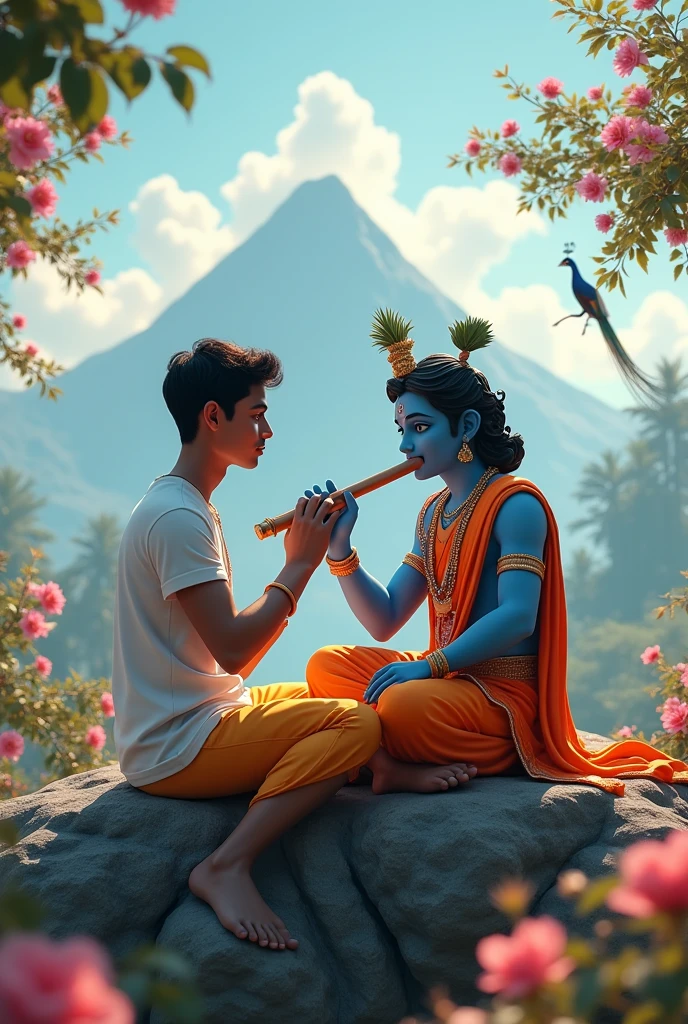 create a 3d image of 20 year old Indian devotional boy who is sitting next to krishna ji and Krishna ji playing the flute, they both sit together on the mountain,boy wearing T-shirt Name "Avinash" written on it, heaven like beautiful view background, peacock dancing,realistic image and boy is in barefoot.