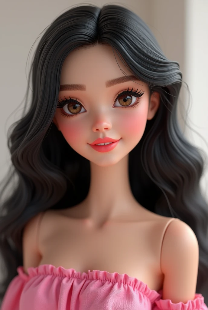 a realistic barbie girl of a pale skin girl, long black wavy hair, small brown eyes, long eyelashes with eyeliner, slin small nose, thick eyebrows, pink lips, pink dress, smiling