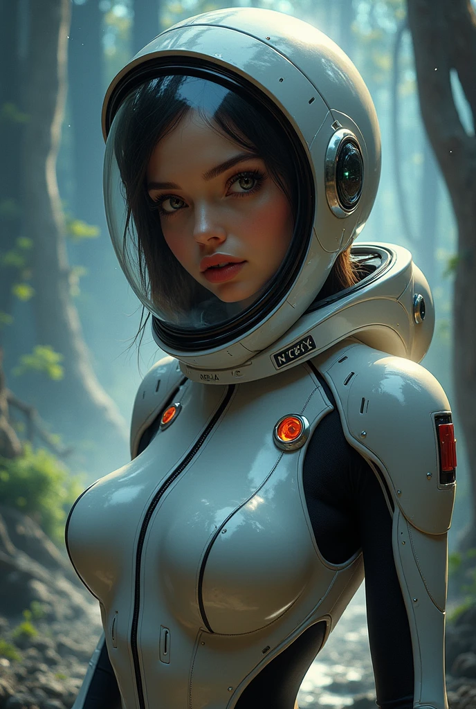 Hyperrealistic of a beautiful young woman in space suit in the style of Möbius , beautiful breasts, A forest on a distant star background ,elegance pose, medium shot, soft lighting , gentle shadows, dim light, dark fantasy,