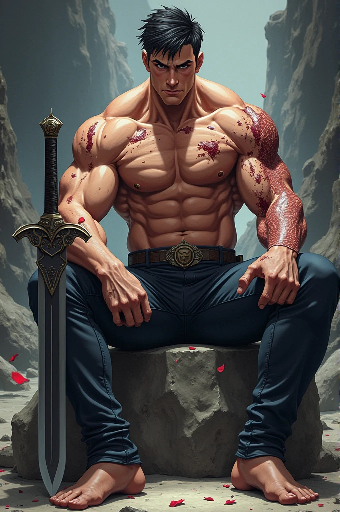 A masculine person without shirt sitting on a stone with sword kept side to stone and he is like an anime , the scars of wounds on his body make everyone feel like he is undefeatable