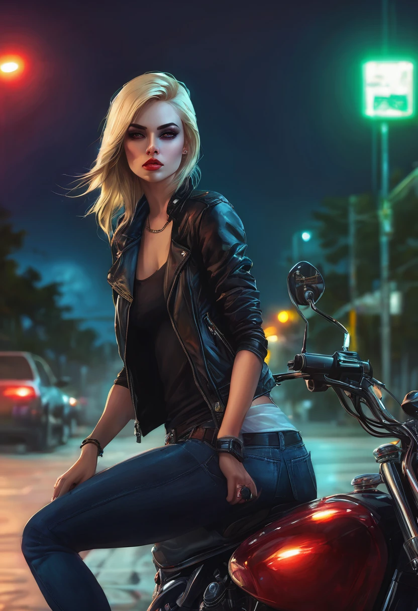 (good quality), (many details), (masterpiece), woman blonde (black streak), night, slim figure, small breasts, motorcycle jacket over red tank top, jeans, serious face, leaning on her motorcycle, green eyes, lips pierced, night, parking lot, style of Charlie Bowater, daring, vampire, hands on hips,