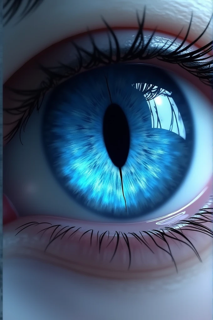 Create me an image of some blue straight eyes, the most beautiful blue for an eye color and the left one between blue and storm gray with the vertical pupil being a thin black line