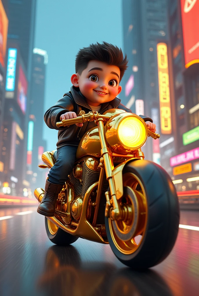 Draw me a picture , chubby boy riding 24k gold motorbike