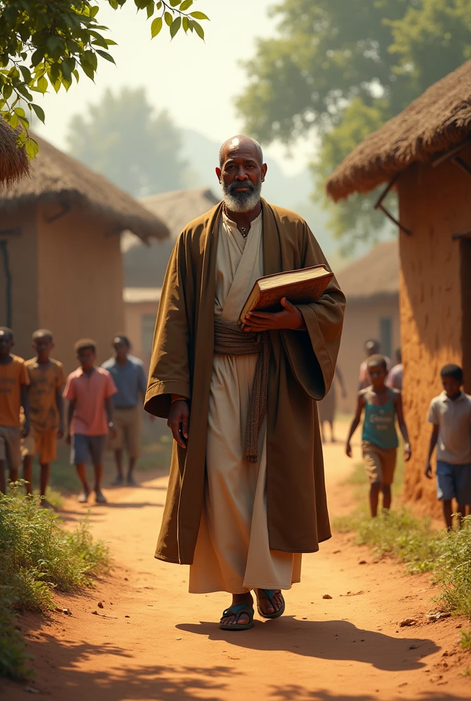 Pastor walking in an African village carrying a Bible