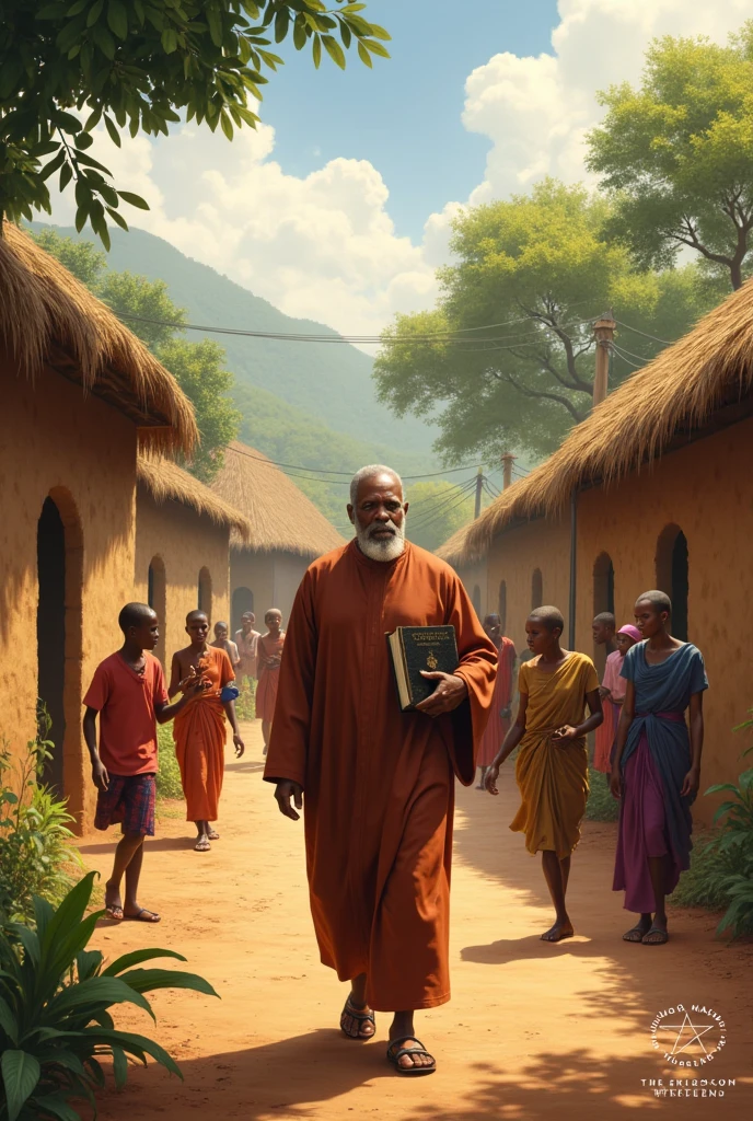 Pastor walking in an African village carrying a Bible