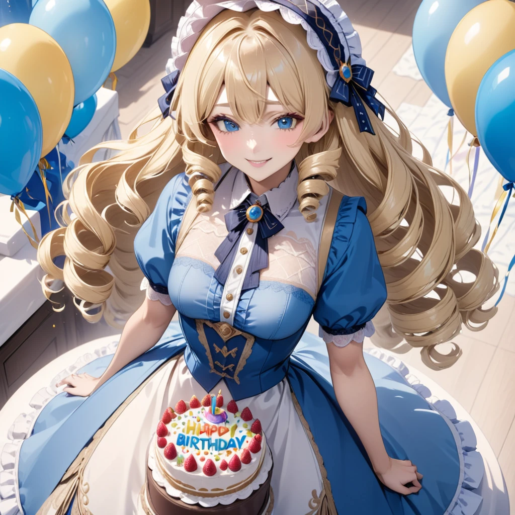 Blonde hair,(sidecurls),curls,blue eyes,long eyelashes,light blue victorian dress,puffy short sleeves,frilled dress,collared dress,frilly wide brimmed Bonnet with bows,fringe bangs,masterpiece,highress,giant tall fancy birthday cake),soft smile,ojou curls,,(white blouse)(focus on the BIRTHDAY cake)(Birthday)(solo)(cowboyshot)(Birthday cake infront of the girl)(birthday cake in the front center)(1birthday Cake)