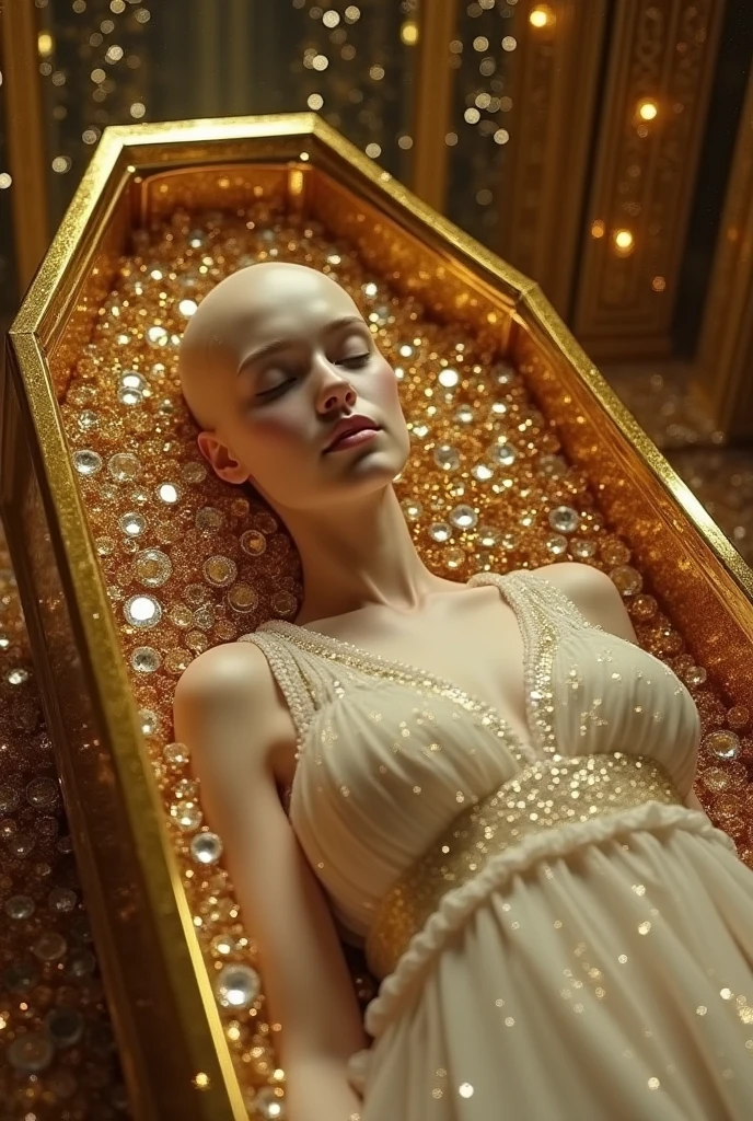 bald girl dead in golden coffin, and inside it there are many jewels , beautiful girl without life , in a beautiful diamond place