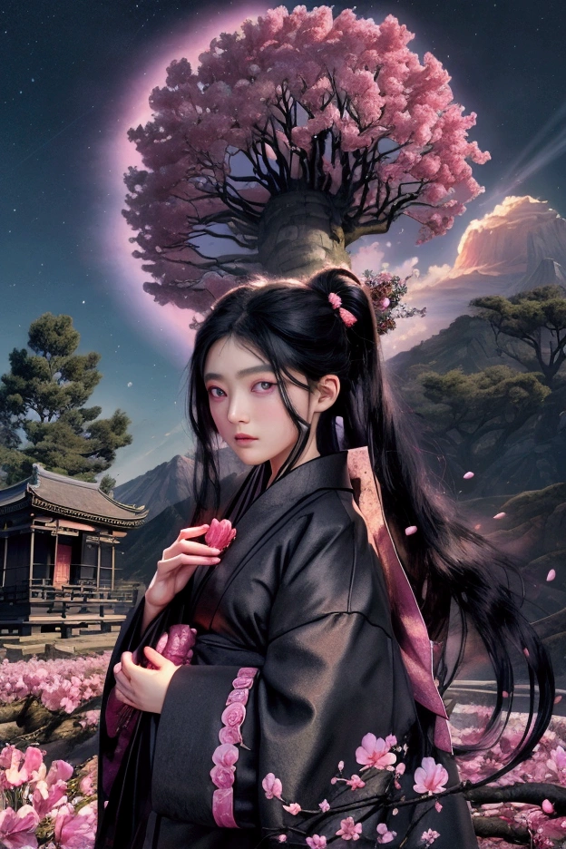 (Highest quality, masterpiece),(One person, Shrine maiden, coat, expression, Iris, Look ahead ,Black Hair, walk, Upper Body), (Night maze sky, Huge old tree behind, Shiny pink petals fall behind, The shrine behind, Mountain Background, Blowing Wind, meteor cloud)high resolution、Ultra delicate、Big eyes、beautiful