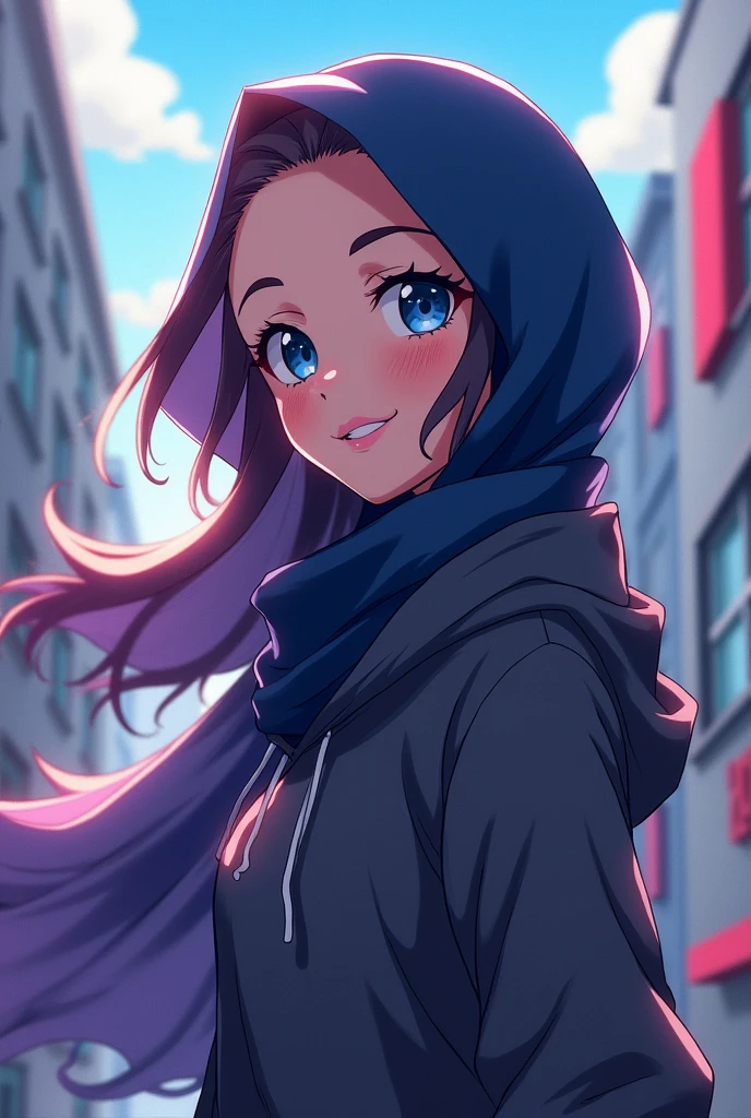 From My Hero Academia, anime, a muslim lady, wear hijab, blue eyes, wear hoodies 