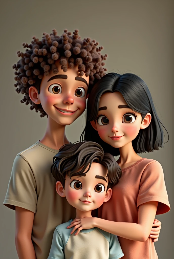 Creates the image of a curly-haired older brother, 2,
Middle brother straight hair Little sister straight hair That same image but the brother with dark skin