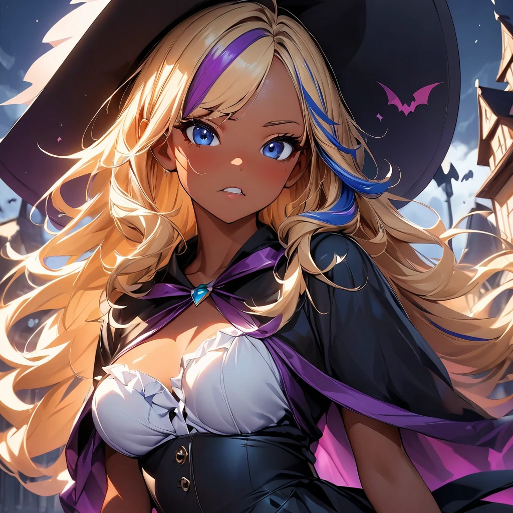 (highest quality:1.2, Very detailed, up to date, Vibrant, Ultra-high resolution, High Contrast, masterpiece:1.2, highest quality, Best aesthetics), Portraiture、girl、slim:1, Bright colors、Beautiful fine details、Beautiful lip detail、long hair, ((wavy hair:0.4))、messy hair, blonde and blue ((streaked hair:1.3)), highlights hair: 1.3, (medium breast:1), (tan skin:1.3), halloween witch costume, sexy witch, witch hat, holding magic wand, Background of a haunted house with flying bats, ghost pose, (angry:0.6), clenched teeth, (cowboy shot:1.4),