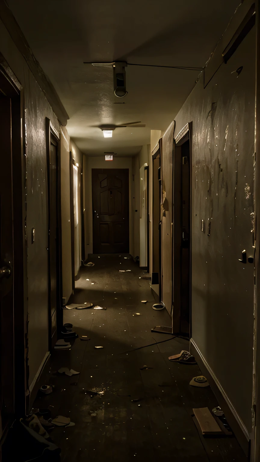 A dark, eerie hallway inside a run-down hotel, dimly lit with flickering lights. The camera is focused on the closed door of room 1412. The door looks old, with peeling paint, and the number 1412 is slightly crooked. The atmosphere feels unsettling, as if something is wrong. The lighting is very low, creating deep shadows around the door.
