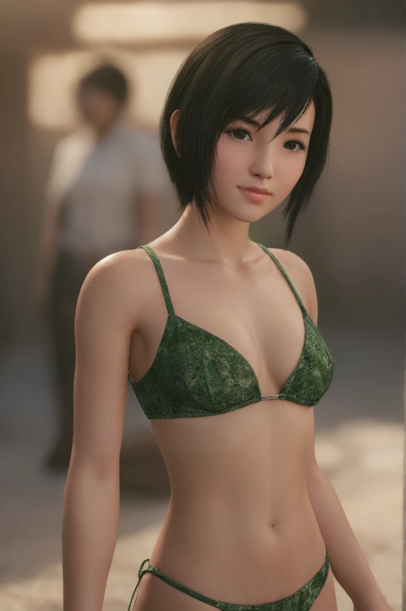 (yuffie_kisaragi),((a girl)),(16yo:1.3),hyperrealistic portrait,((Cowboy Shot)),sharp focus, depth of field ,blur background, bokeh ,Cinematic lighting,detailed face,(flat chest:1.4),(((Micro Bikini))),(Satin-Bikini),random pose,touch hair,Half Smile,((beach)),(photo realistic,perfect anatomy:1.3),(hyper detailed, masterpiece:1.2), best quality,RAW photo, exquisite, beautiful 