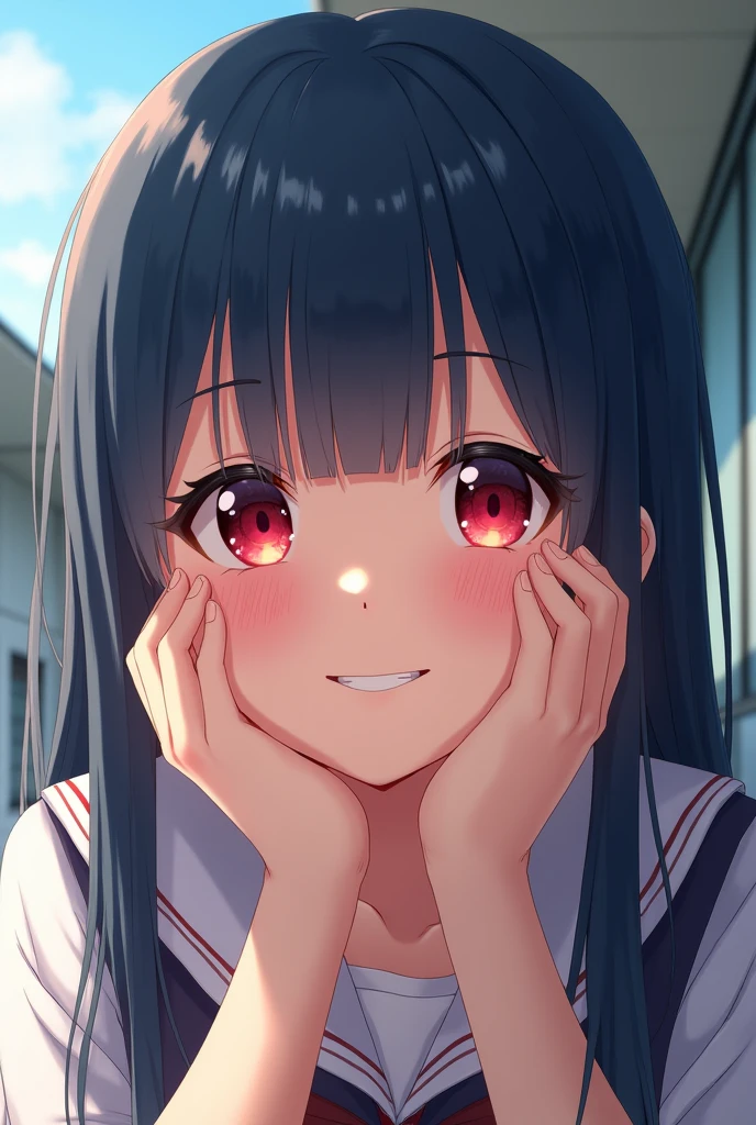 realistic anime youth girl, straight blue-black hair, slightly drooping and slightly slanted eyes, long eyelashes and bright dark red eyes, straight eyebrows a little thick, with both hands on her cheeks showing a warm smile with a school background