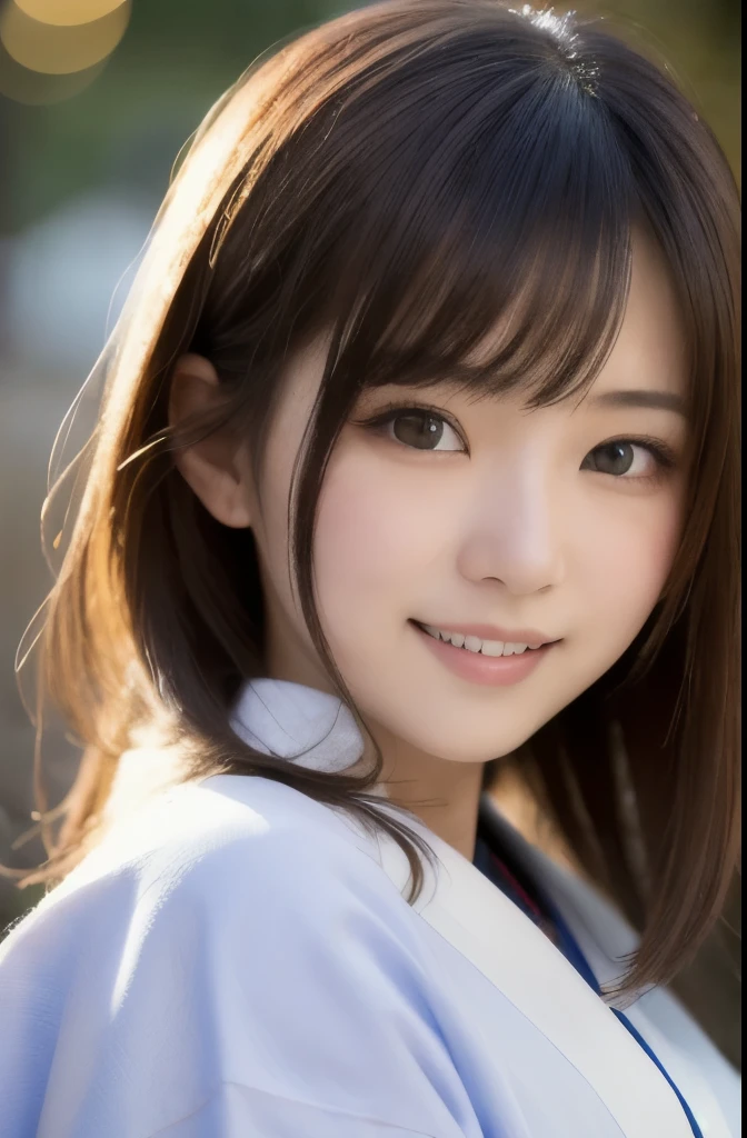 best quality, face focus, soft light, ultra high res, (photorealistic:1.4), RAW photo,(Shinozaki Ai), white skin, kawaii,
1 Japanese girl, solo, cute, smile, (pupil, lights in the eyes), detailed beautiful face, Medium-sized breasts,(high resolution detail of human skin texture),(long hair),(portrait), upper body, white traditional kimono