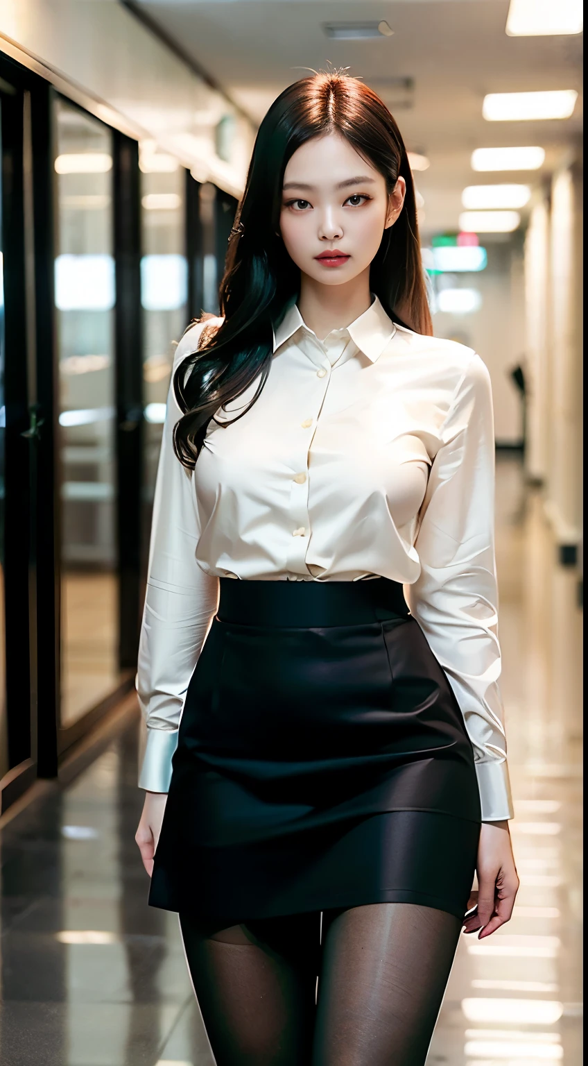 Elegant upper-class elite secretary，Wear a luxurious silk top, Skirts and thighs、27yo、big breasts body　162cm、Take a walk along the hallway、office clothes, (Wear pantyhose,Realistic pantyhose)、working in an office、wearing a strict business suit, Wear high-end heels、 Shirt girl, Wear an elegant shirt, Wear an ultra-thin top, merchant, Shirts and skirts, Wearing a silk shirt, Wear a shirt and skirt, 　　　　　　RAW photo, (8K、top-quality、tmasterpiece:1.2)、(intricately details:1.4)、(Photorealsitic:1.4)、octane renderings、Complex 3D Rendering Ultra Detail, Studio soft light, rim lights, vibrant detail, super detailing, realistic skin textures, Detal Face, Beautiful detail eyes, Very detailed CG Unity 16k wallpaper, Make up - up, (detailedbackground:1.2), Bare with thighs!!!,