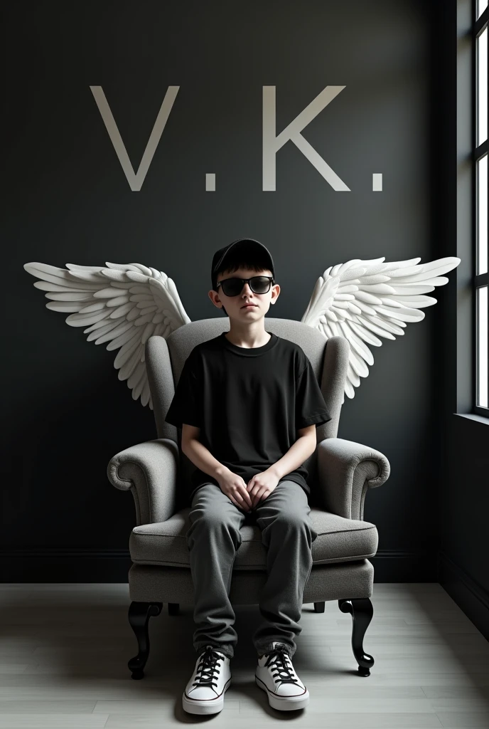 Create a 3D illusion picture where a boy in a black shirt sits casually on a Wingback Chair. Wearing sneakers, a black cricket cap, and sunglasses, he looks ahead. The background features "v.k" in big and capital white fonts on the black wall. There should not be his shadow, and there are wings to make it appear as if he is an angel