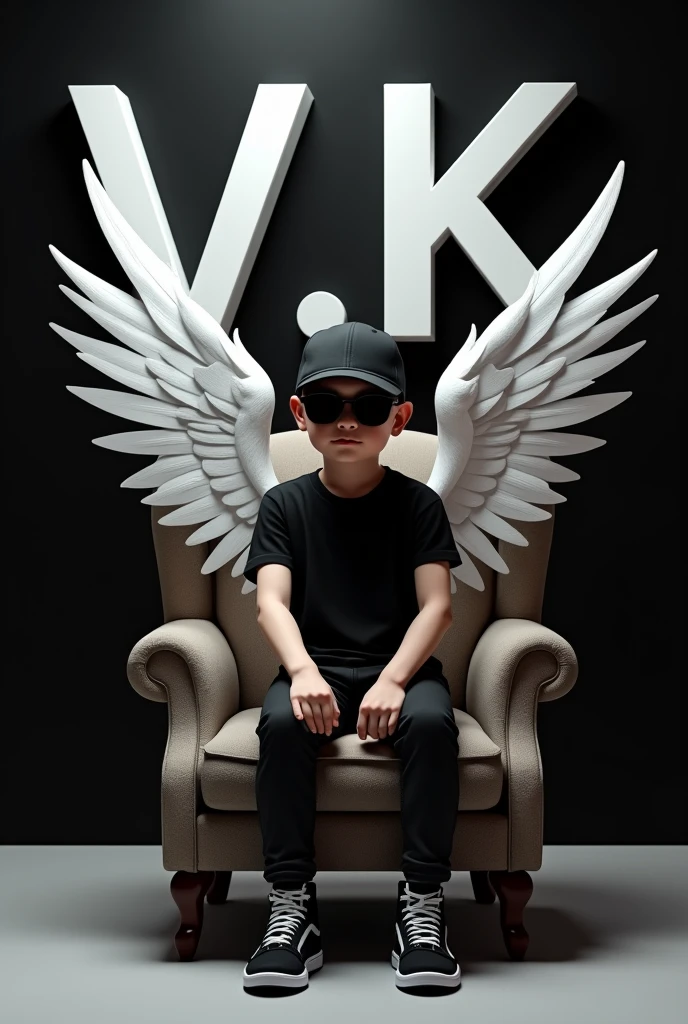 Create a 3D illusion picture where a boy in a black shirt sits casually on a Wingback Chair. Wearing sneakers, a black cricket cap, and sunglasses, he looks ahead. The background features "v.k" in big and capital white fonts on the black wall. There should not be his shadow, and there are wings to make it appear as if he is an angel