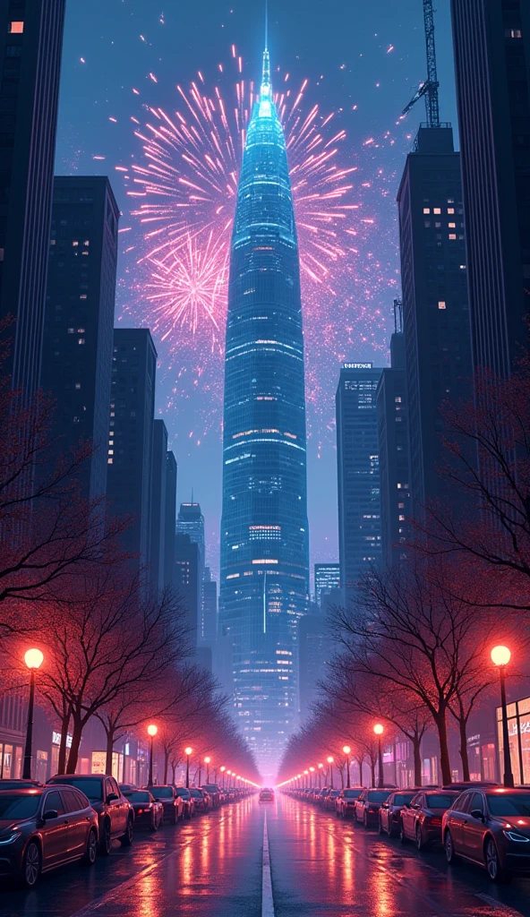 A realistic digital art-style illustration, in the city street, fireworks in illustration of cozy futuristic city with many skyscrapers tower. The illustration is symmetrical. there is sperical building in the city. Neon color mood, moody, melancholic, vibrant color, detailed, akira --ar 16-9 --niji 6