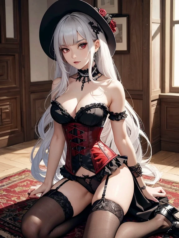  A 23-year-old gothic punk goth girl, perfect face, beautiful Asian woman with long White hair in curls and coils, very cute and           beautiful girl, (highly detailed beautiful face),
]cowboy shot, looking at viewer, kneeling, white panties (Blood Red corset with detailed frills), detailed face, 
(best quality,masterpiece:1.0) high res, ultra-detailed, extremely detailed,32k,8k resolution,
intricate details, cinematic scene, detailed background, solo, dynamic angle,