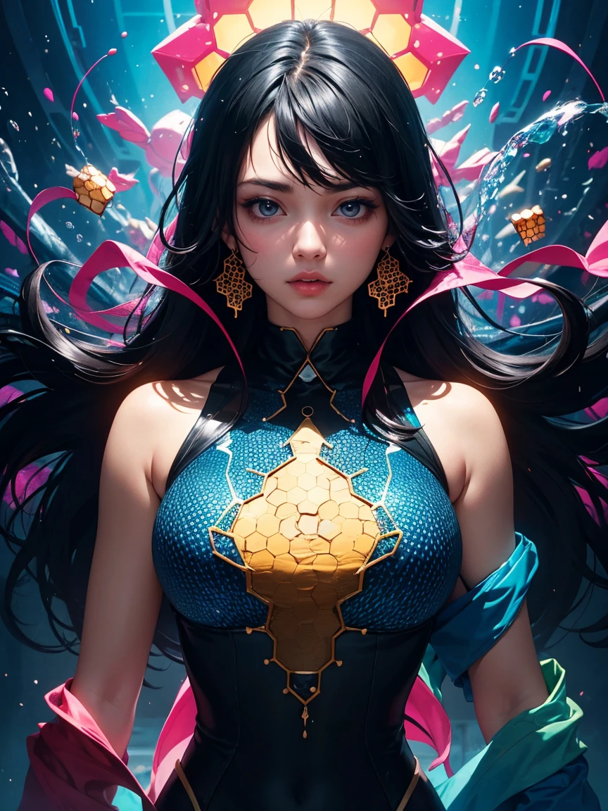 masterpiece,Highest quality,One person,Upper Body,Splash,Abstract,psychedelic,neon,(Honeycomb Pattern),(creative:1.3),sy3,CPA,Fantasy 00d,Long Black Hair