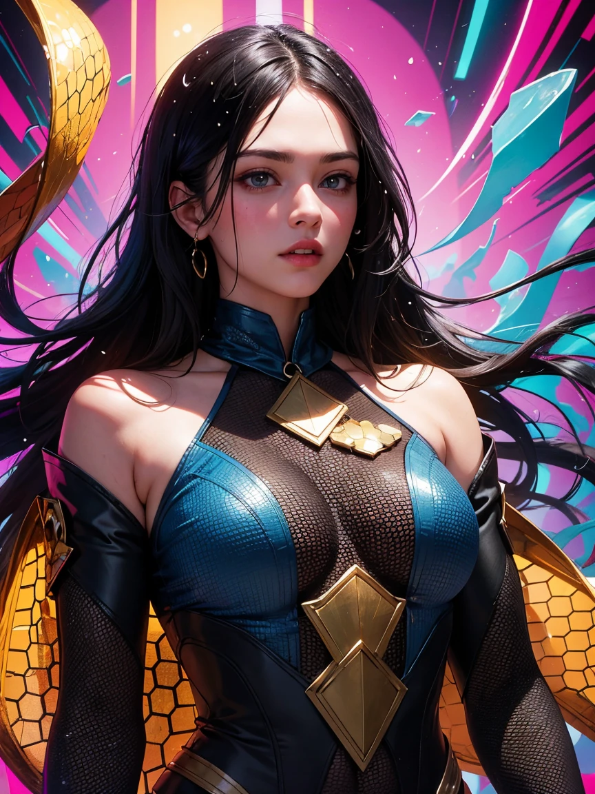 masterpiece,Highest quality,One person,Upper Body,Splash,Abstract,psychedelic,neon,(Honeycomb Pattern),(creative:1.3),sy3,CPA,Fantasy 00d,Long Black Hair