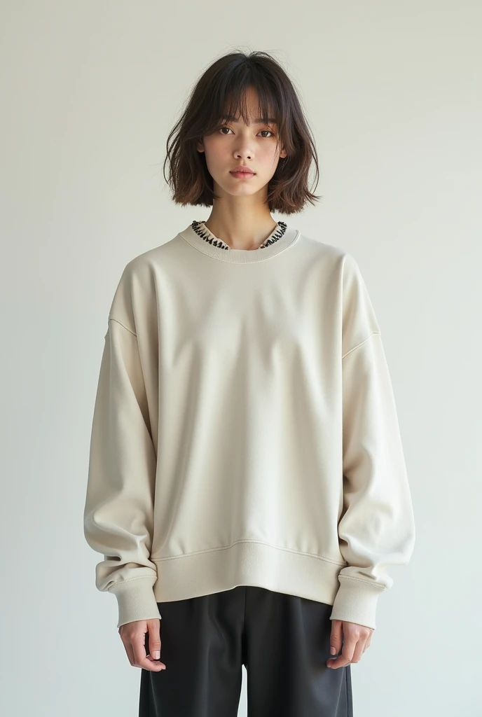 Sweater, lazy, sports, casual, light color, medium length, deconstructed design, collar design.