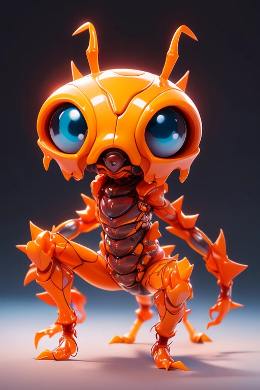 Create a picture of a little ant monster.. The body is transparent and can be seen through. The image is sharp and detailed., with beautiful colors.. With arms, leg, eyes, mouth, พื้นหลังสีlegว