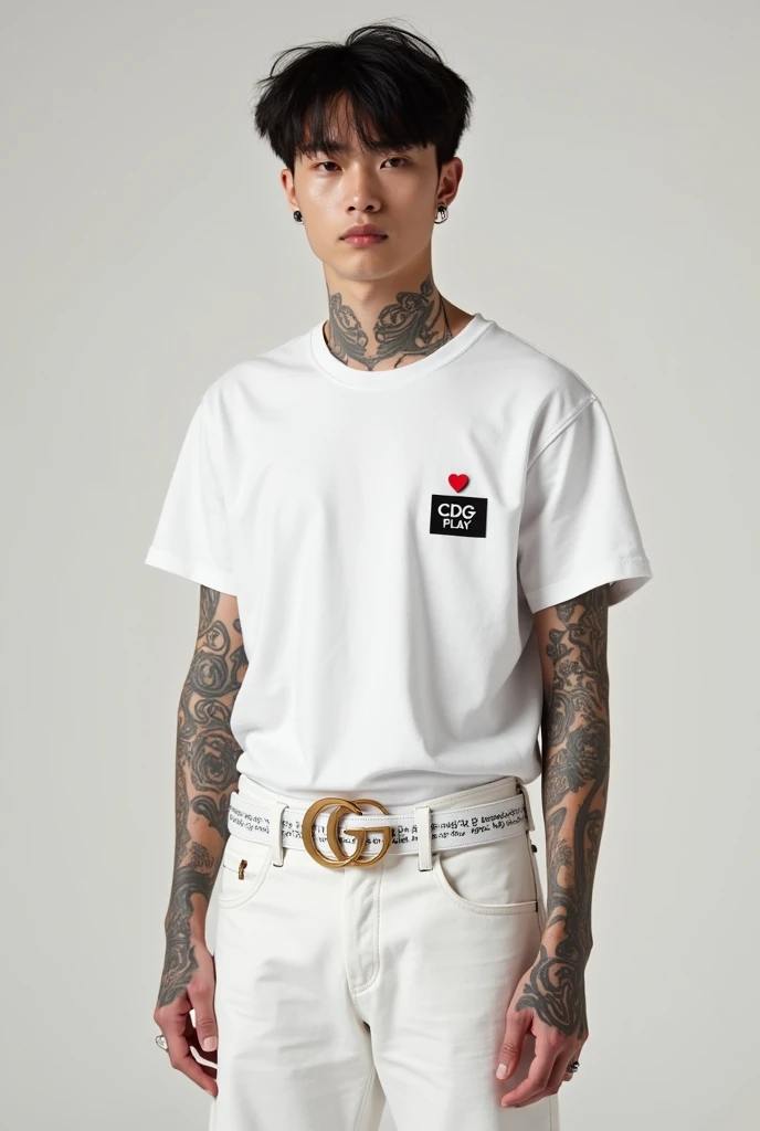 Generates a young man with tattoos on his hands and still an earring in his ear wearing a white CDG Play t-shirt and a white Fegarramo belt and black jeans and white Nike high-top sneakers WHO HAS TATTOOS ONLY ON HIS HANDS AND THAT ON THE T-SHIRT IS A SMALL RED HEART NEXT TO IT WITHOUT PLAY BLACK JEANS WITHOUT TATTOOS
