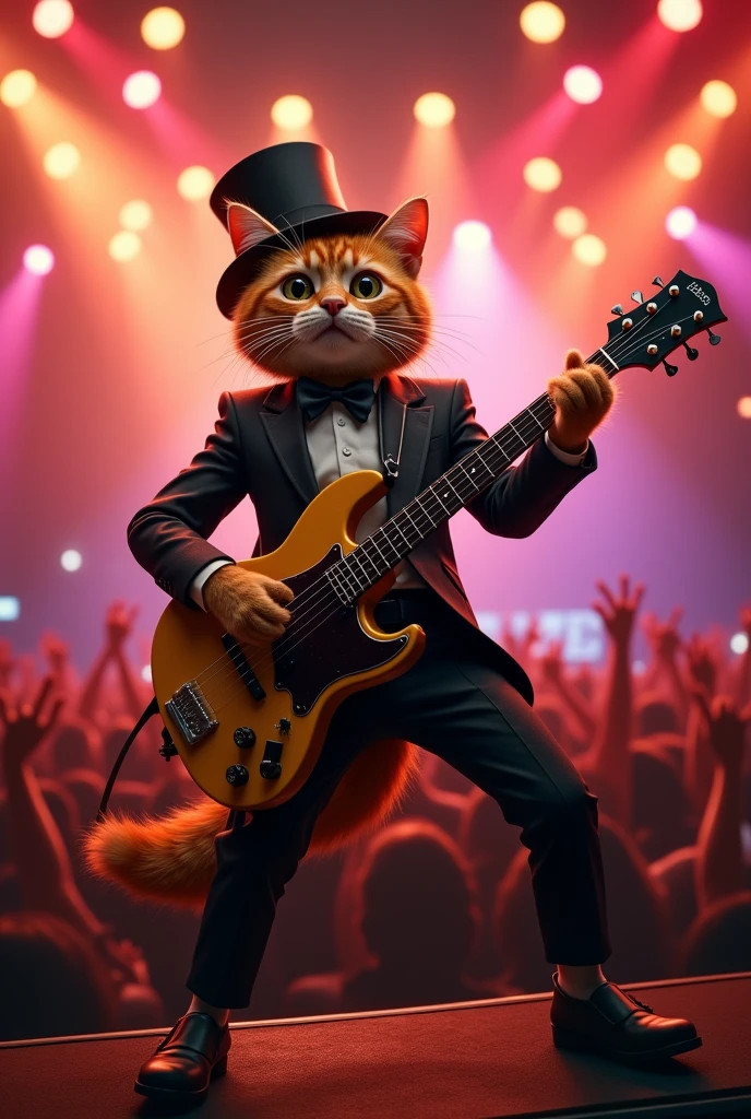 cat in the stage, cinematic angle, orange cat, orange hair, wearing tuxedo, playing keytar , top hat, monocle, bowtie, rock concert, rock festival,