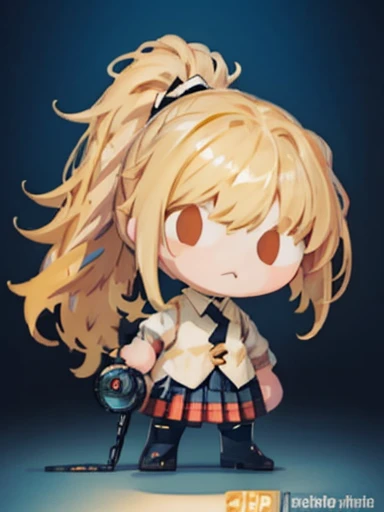 ((chibi)), big head, focus face, flat avatar, (masterpiece:1.2, highest quality), (Realistic, photoRealistic:1.4), Beautiful illustrations, (Natural Side Lighting, Cinema Lighting), Written boundary depth, Beautiful thighs staring at the viewer, 1 female, 20-year-old, alone, thin, slender, (small breasts), anime girl in a short red check skirt and Black blouse with formal collar, ((yellow tie)), ((white sox)), yellow cardigan, ((Blue eyes)), Messy hair, High ponytail, hanayamata, single character full body, anime full body illustration, from girls frontline, full body single character, girls frontline style, anime vtuber full body model, render of april, full body with costume, full body illustration, visual novel sprite, fine details. girls frontline, necoark