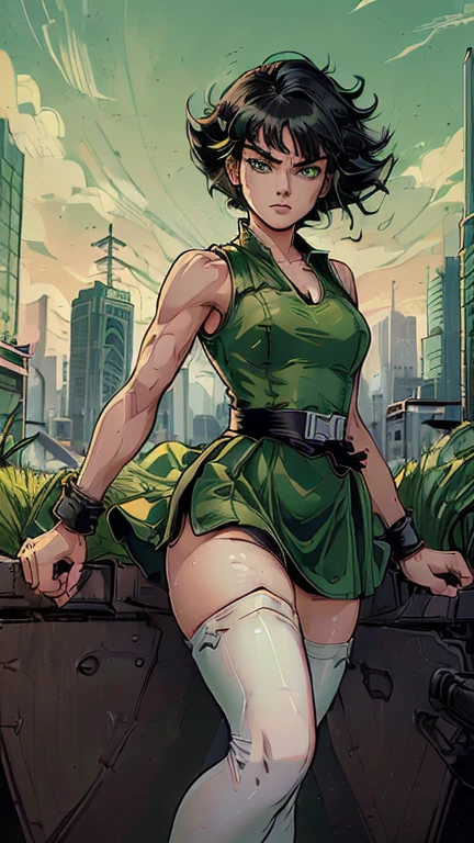 (Teens:1girl: Buttercup), (extremely detailed CG unit 8k wallpaper),(master part), (best quality), (ultra detail), (best illustration),(dan Mumford), cowboy shot, (Sharp eyeliner, ombre, detailed eyes:1), city, outdoor, ,break , (Art Adams Style), upper body, (black hair, green eyes, short hair, messy hair), (dress, green sleeveless dress, simple black belt, white thighhighs:1.5), 