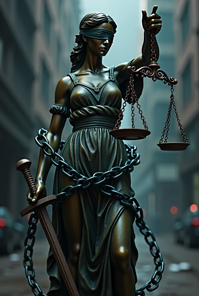 Draw a picture of a statue of justice wrapped around a chain with the right hand holding a scale that is not balanced, the other scale is broken. The statue of justice had its eyes closed and its left hand held a sword.