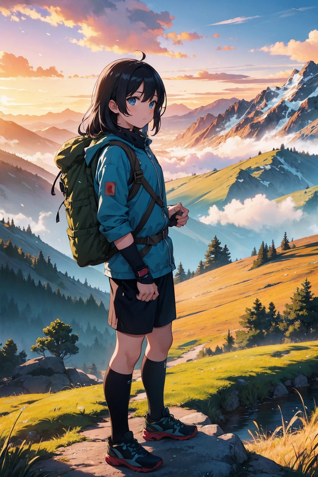"Create a vibrant anime-style 4K wallpaper featuring two young adventurers standing side by side, holding mountain bikes. They are gazing out at a breathtaking landscape dominated by towering snow-capped mountains under a dynamic, colorful sky. The scene is set during the golden hour, with the sun casting warm, golden rays that illuminate the clouds and the peaks, creating a stunning contrast of light and shadow. The foreground is filled with lush green trees and wildflowers, while the distant valleys are bathed in soft, misty blues. The characters are dressed in outdoor gear, with backpacks and helmets, ready for a journey into the wilderness. The overall atmosphere of the image is one of exploration, adventure, and the beauty of nature, captured in a detailed and immersive anime style."