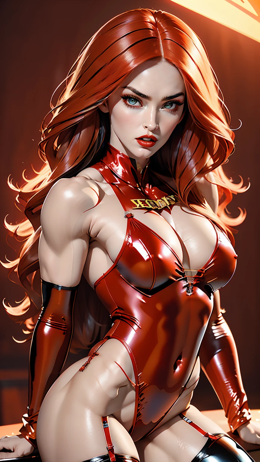 (megan fox), (1 girl), young girl, bodybuilder physique, seductive face, seductive look, long red hair, perfect muscular body, long thin legs, (latex lingerie leotard & thigh highs), small breasts, (huge muscular shoulders:1.45), (full body shot), (blank background:1.25), MeganF_SoloTI_v1