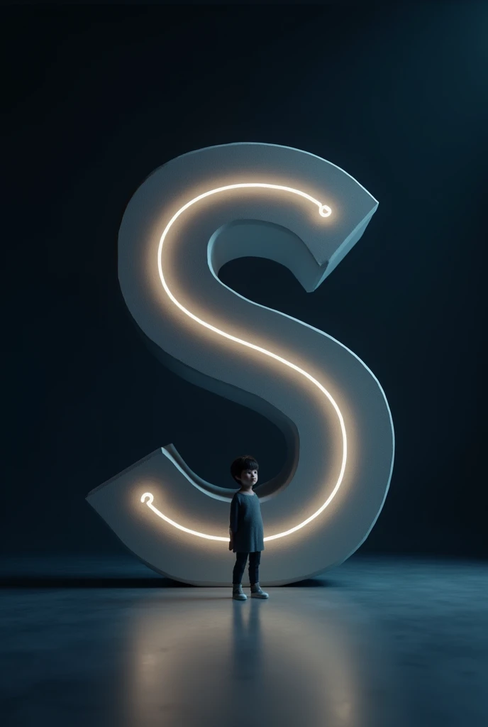 The background should be a dark gradient to keep the focus on the letter and the person. Ensure that the lighting gives a soft glow to the edges of the S
3D letter and casts subtle shadows