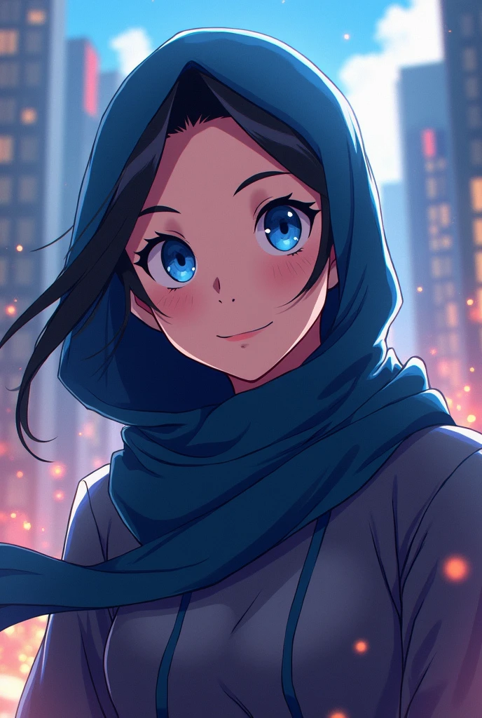 From My Hero Academia, anime, a muslim lady, wear hijab, blue eyes, wear hoodies 