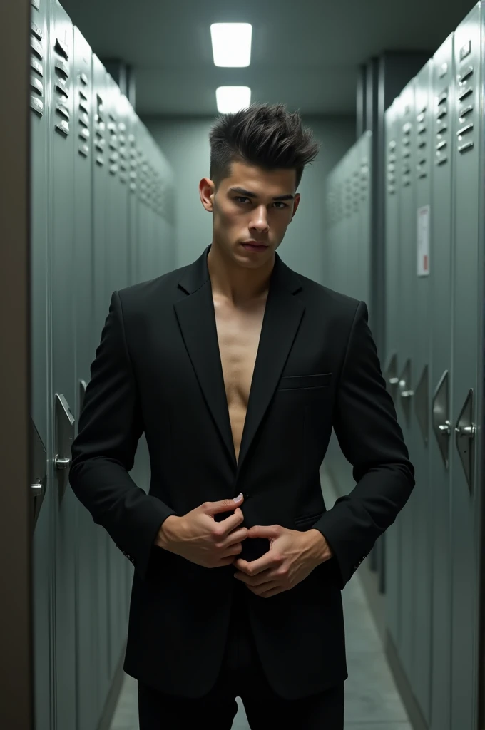 Masterpiece,high_res,best quality,1boy,handsome,male,18y.o,((very_short_hair)),black color uniform,undressing,,in grey tone locker room and take a mirror selfie and ,Male focus