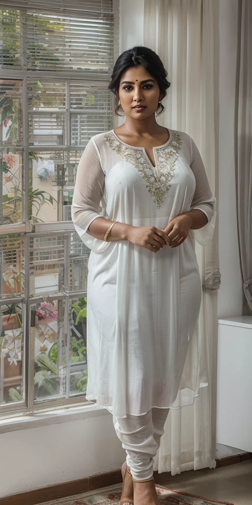 Day scene, A radiant, full-figured South Indian 35 year old aunty a white colour chiffon gown ,standing, in a office captured in a full-body image with vibrant hues and meticulous details. Full body image