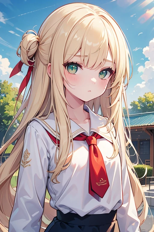 s○l○, 1 girl, highest quality, very detailed, (masterpiece), (illustration), school, outdoor, upper body, face, face focus, from front, , long sleeves, blonde hair, long hair, green eyes, two side up, eyebrows visible through hair, shine, bangs, shine, flat chest,white gym uniform,red bloomers,tear