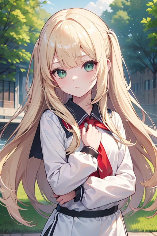 s○l○, 1 girl, highest quality, very detailed, (masterpiece), (illustration), school, outdoor, upper body, face, face focus, from front, , long sleeves, blonde hair, long hair, green eyes, two side up, eyebrows visible through hair, shine, bangs, shine, flat chest,white gym uniform,red bloomers,tear