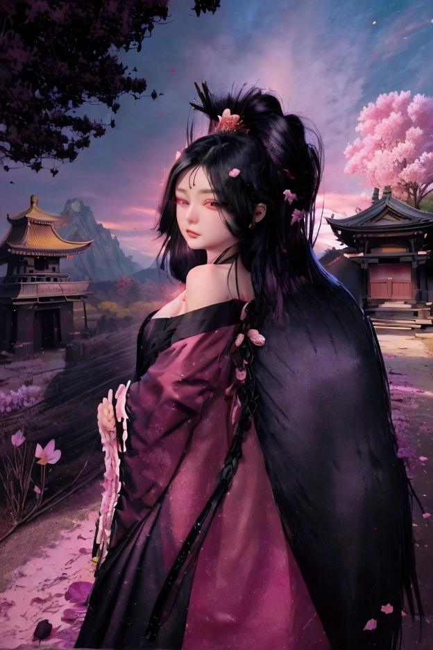 (Highest quality, masterpiece),(One person, Shrine maiden, coat, expression, Iris, Look ahead ,Black Hair, walk, Upper Body), (Night maze sky, Huge old tree behind, Shiny pink petals fall behind, The shrine behind, Mountain Background, Blowing Wind, meteor cloud)high resolution、Ultra delicate、Big eyes、beautiful