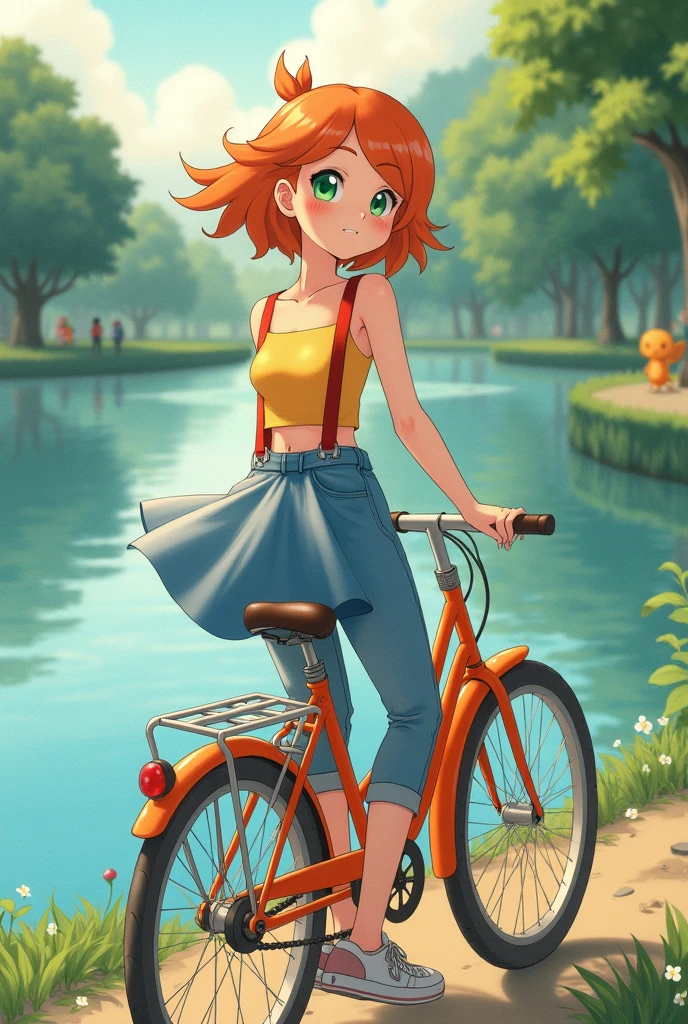 masterpiece,High resolution,8K
(Misty_Pokemon)(1 18-year-old girl)
(Berry Short,Orange Hair,one side up hair,Big green eyes,Small breasts,Skinny, beautiful smile)
(Yellow sleeveless T-shirt,Belly button exposed,Denim hot pants,Red suspenders,sneakers)
I can feel the spirit in my eyes.(masterpiece, Highest quality:1.2), reality、girl on an orange bicycle, alone、Summer 、Standing in line，Fluttering skirt，From the side、Riverbank at dusk、whirlwind，Panchi et al....，Watercolor style